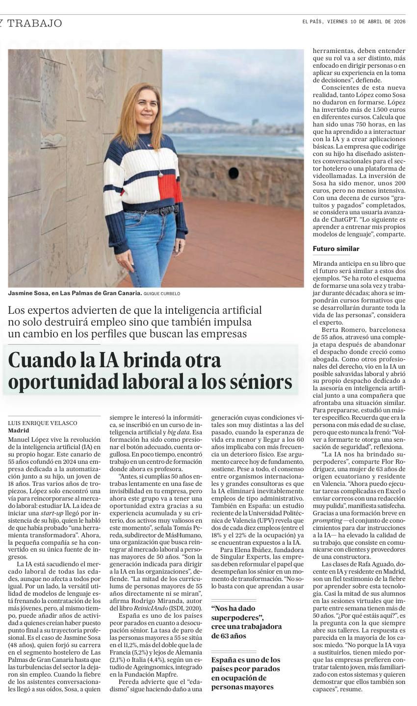 Recorte del reportaje de El Pa&iacute;s sobre oportunidades laborales e IA para profesionales s&eacute;nior